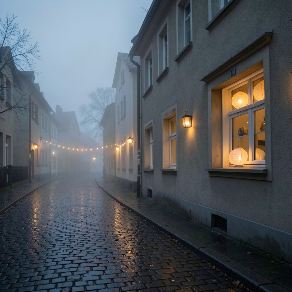 Laternen und erste Weihnachtslichter in einer deutschen Straße im November