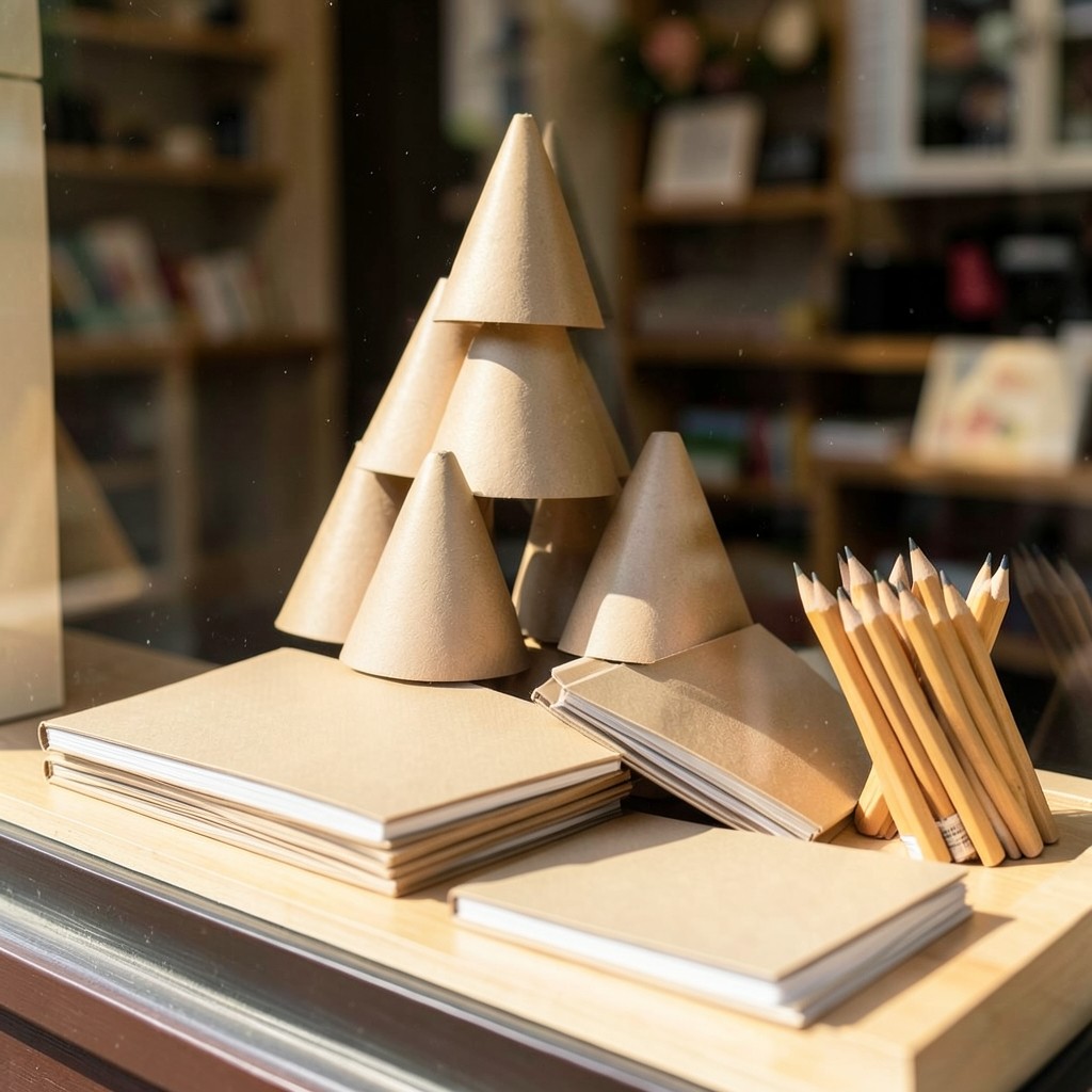 Schultüten und Hefte in einem Schaufenster vor dem Schulanfang
