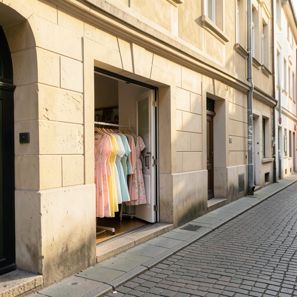 Sommerschlussverkauf in einer deutschen Innenstadt mit reduzierter Ware an Stangen