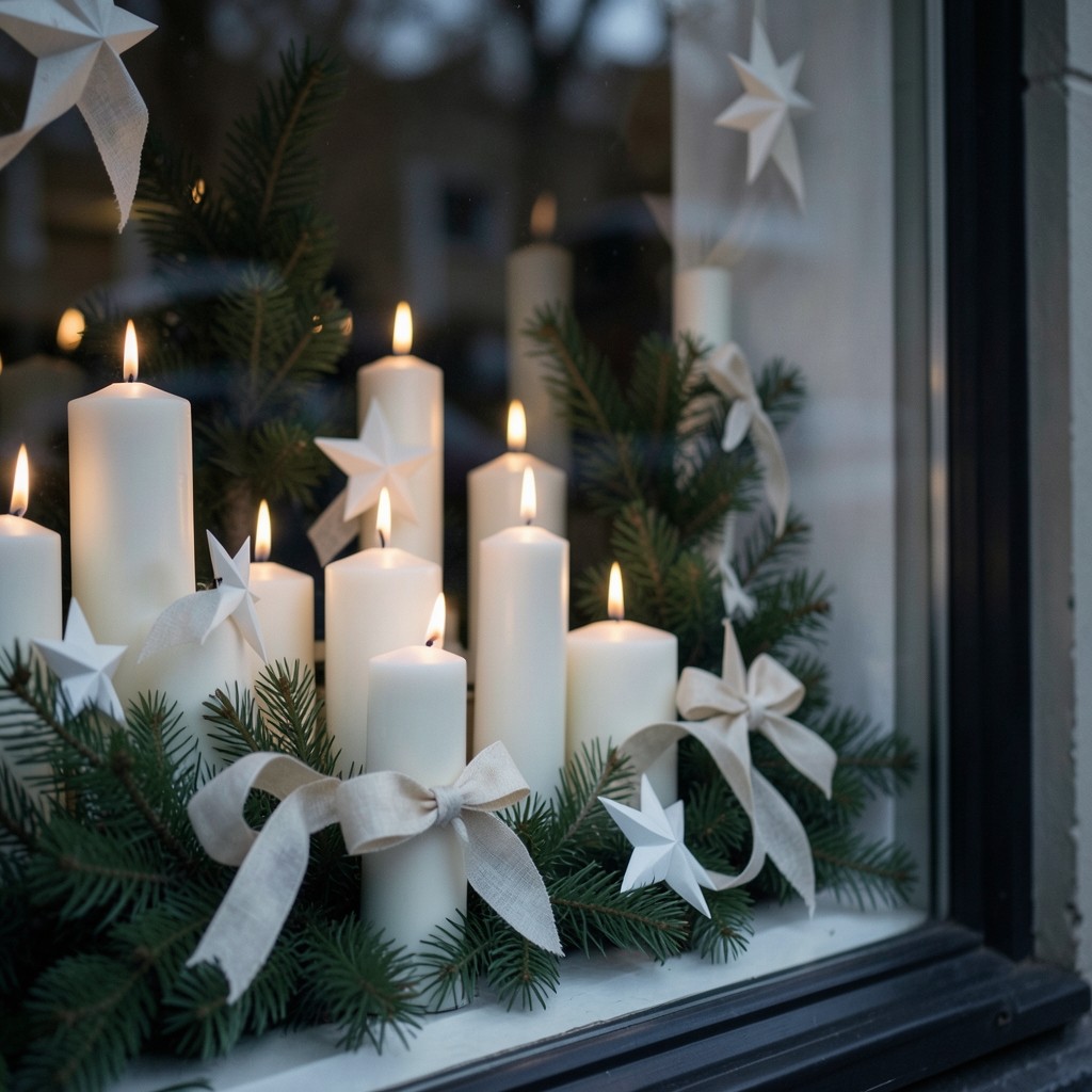 Adventlich gedecktes Schaufenster mit Kerzen und Papiersternen