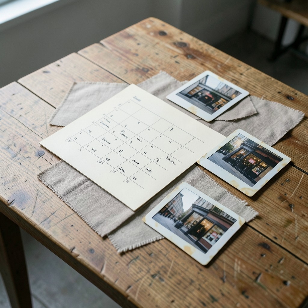 Tisch mit Kampagnenkalender, Stoffmustern und saisonalen Schaufensterfotos
