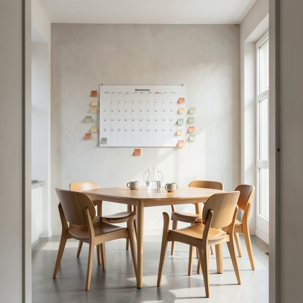 Workshopraum mit Kalenderwand und Notizen zu deutschen Feiertagen
